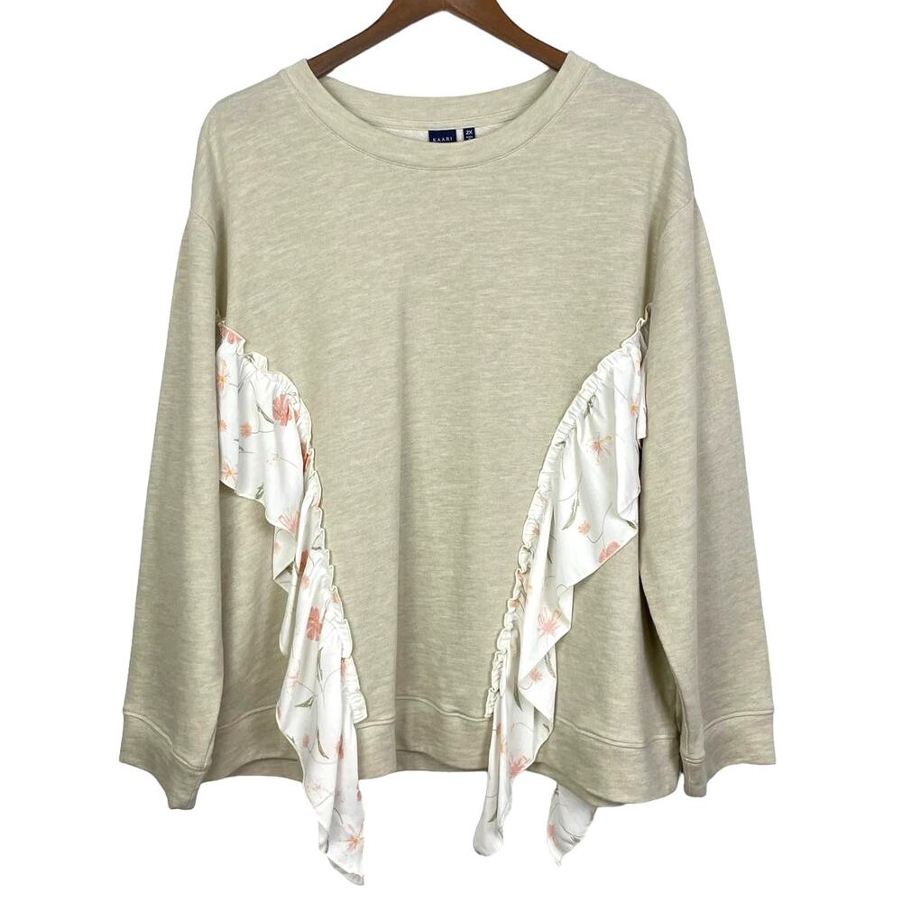 Kaari Blue Curvy Cream Tan Ruffle Floral Detail Pullover Crewneck Sweatshirt